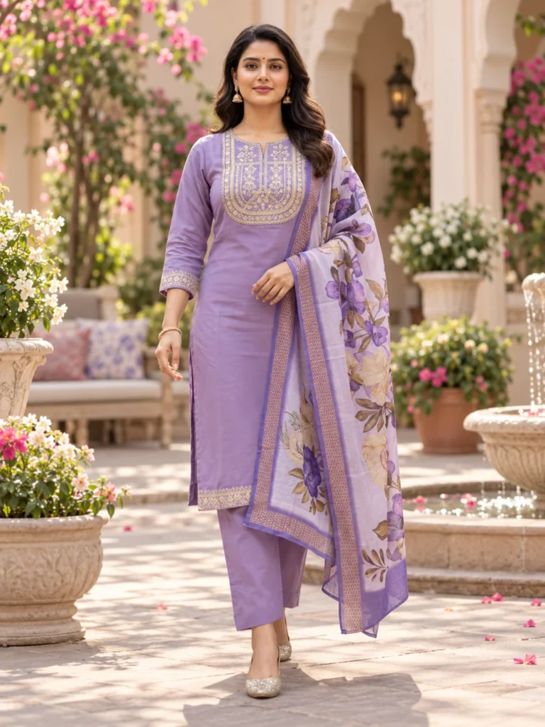 Lavender Embroidered Kurta Pant Dupatta Set For Women