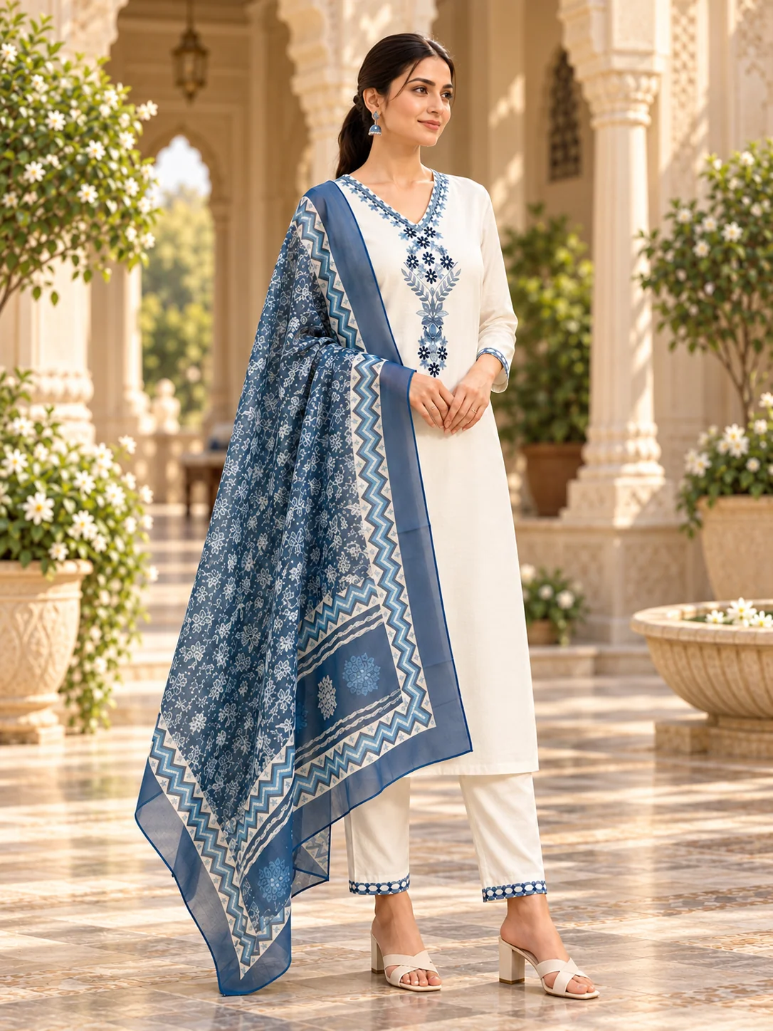 White Blue Floral Embroidered Kurta Pant Dupatta Set For Women