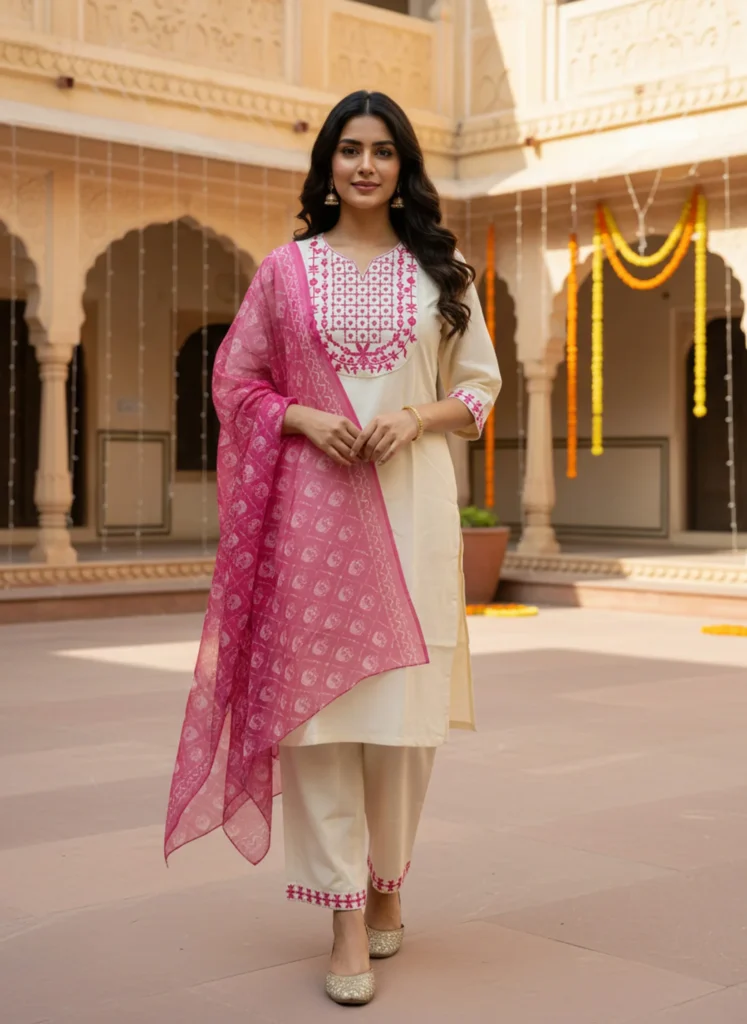 Cream Pink Embroidered Kurta Pant Set with Printed Dupatta for Women
