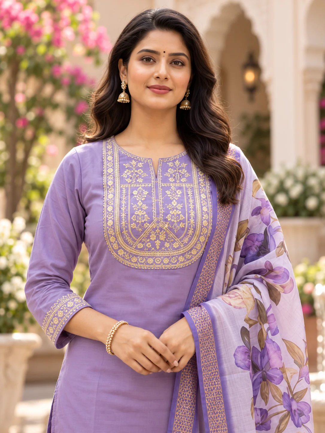 Lavender Embroidered Kurta Pant Dupatta Set For Women - Image 2