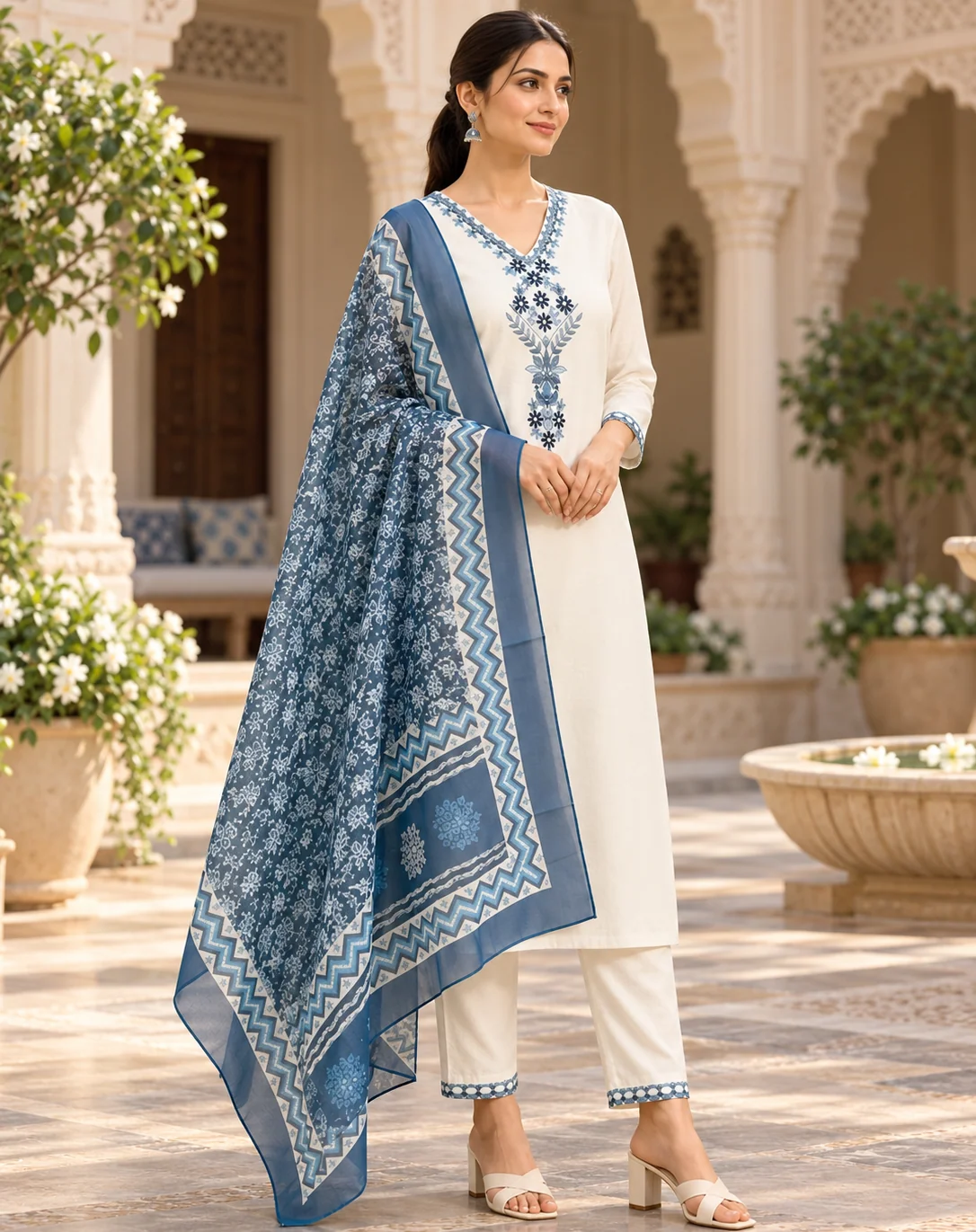 White Blue Floral Embroidered Kurta Pant Dupatta Set For Women - Image 2