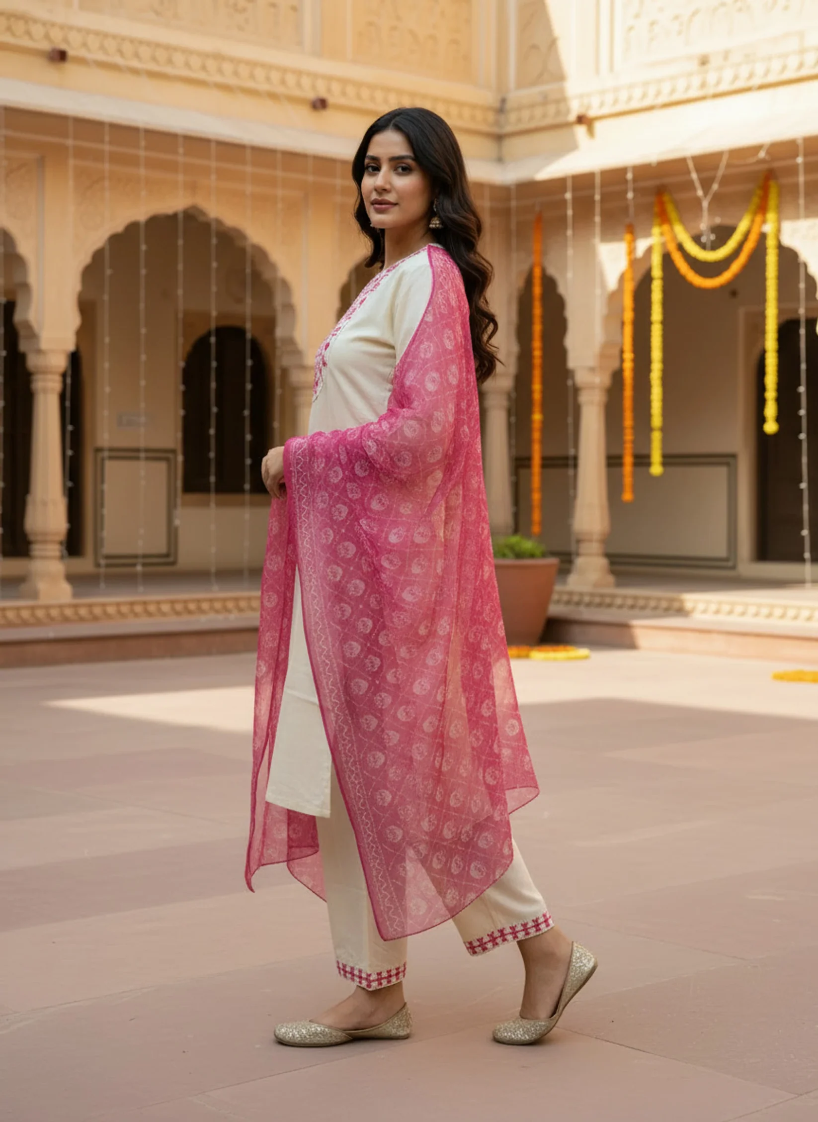 Cream Pink Embroidered Kurta Pant Set with Printed Dupatta for Women - Image 2