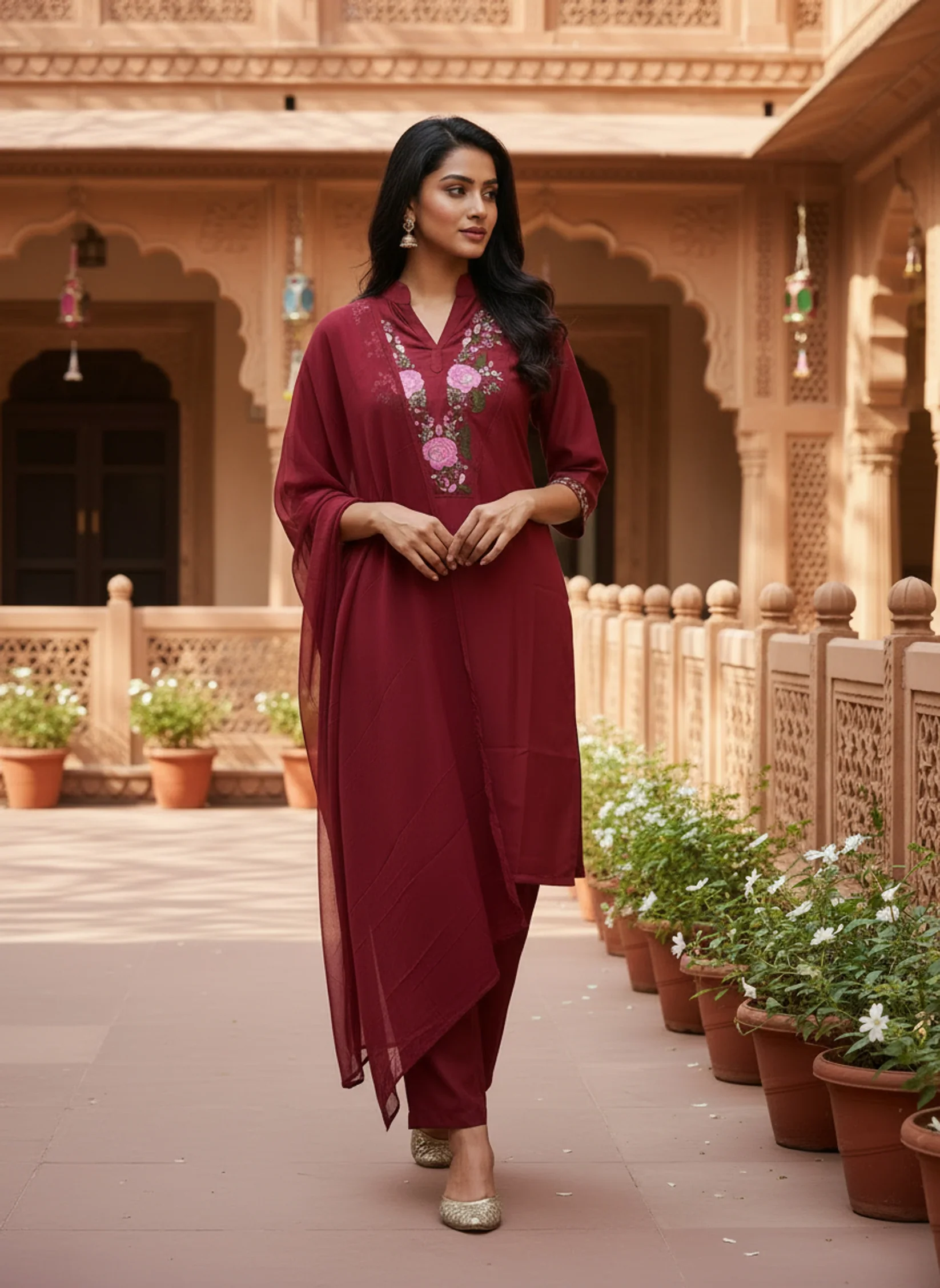 Maroon Floral Embroidered Kurta Pant Set with Dupatta for Women - Image 3