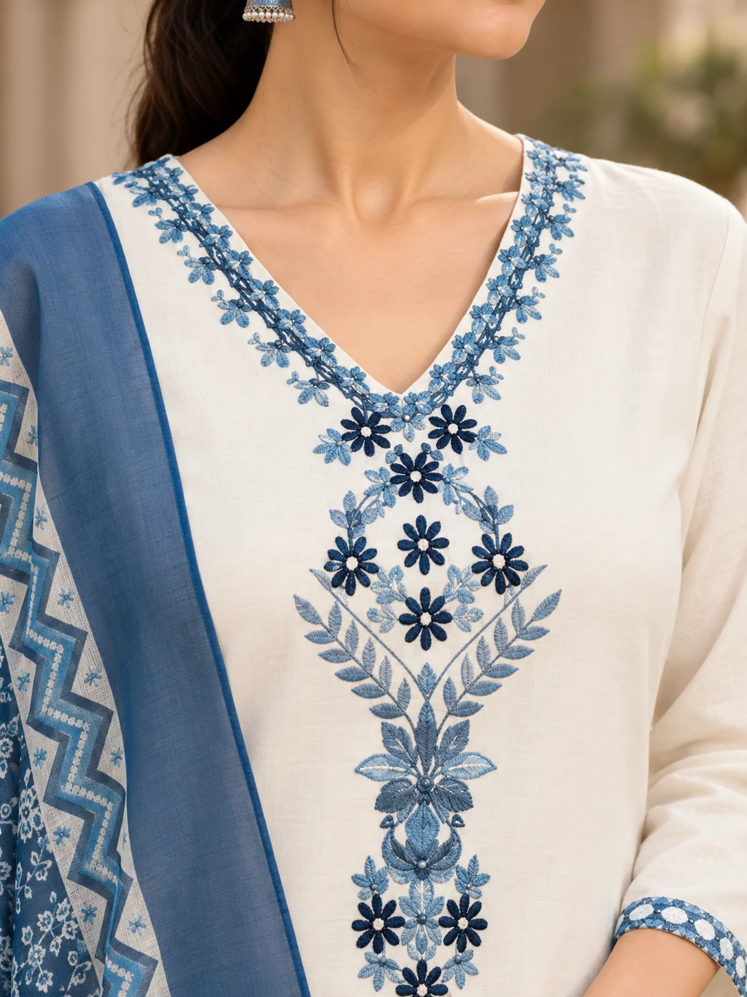 White Blue Floral Embroidered Kurta Pant Dupatta Set For Women - Image 3