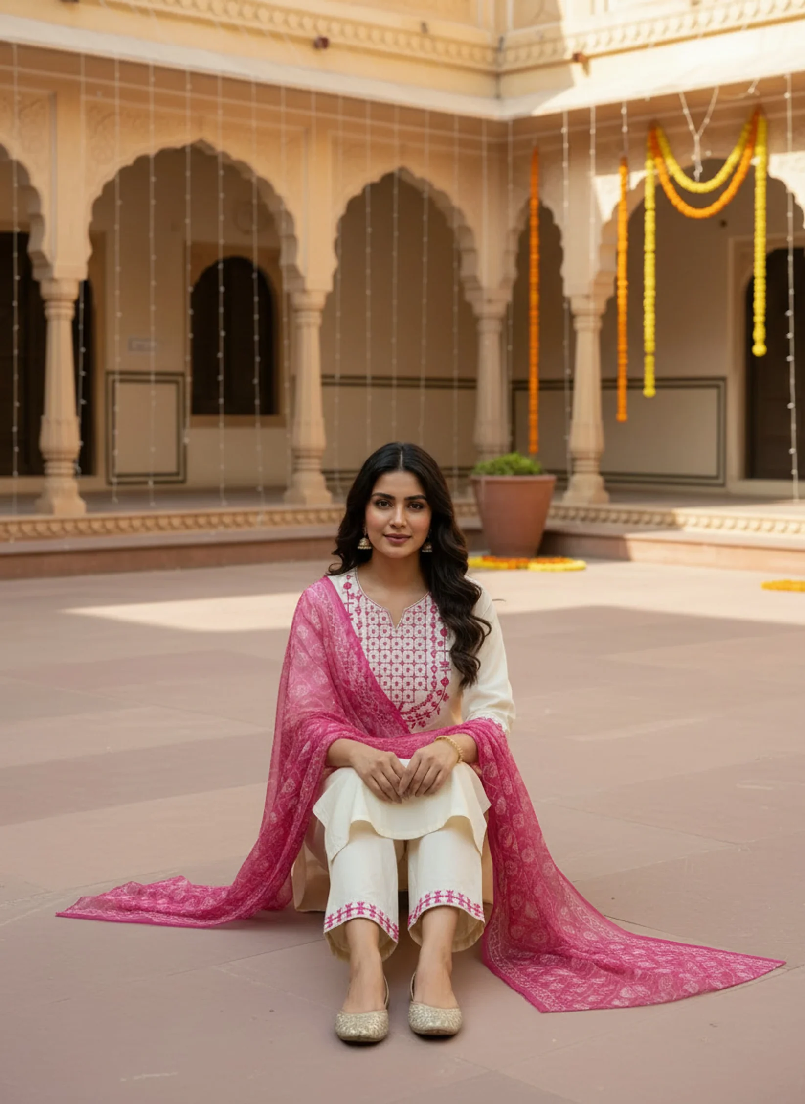 Cream Pink Embroidered Kurta Pant Set with Printed Dupatta for Women - Image 3