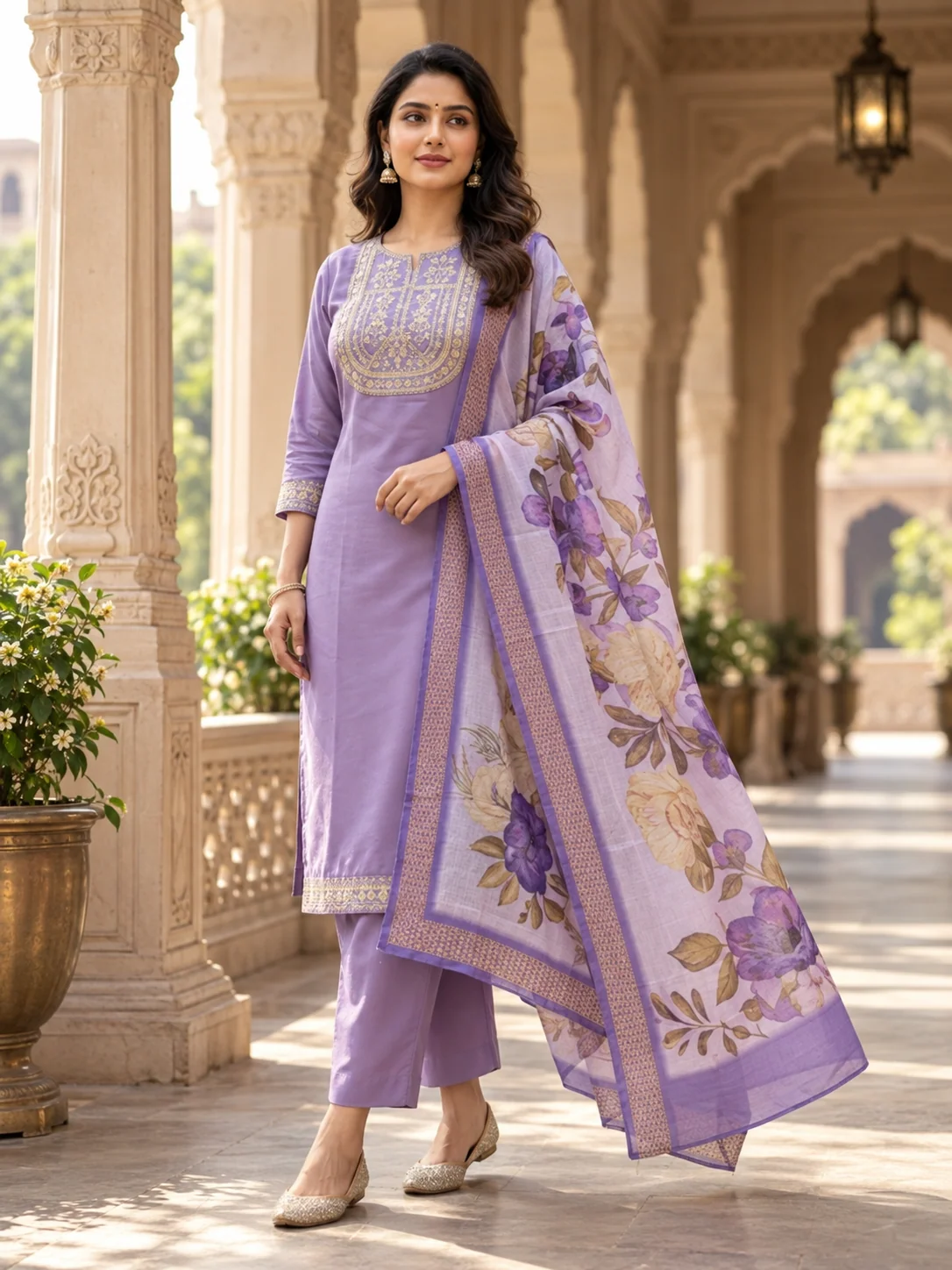 Lavender Embroidered Kurta Pant Dupatta Set For Women - Image 4