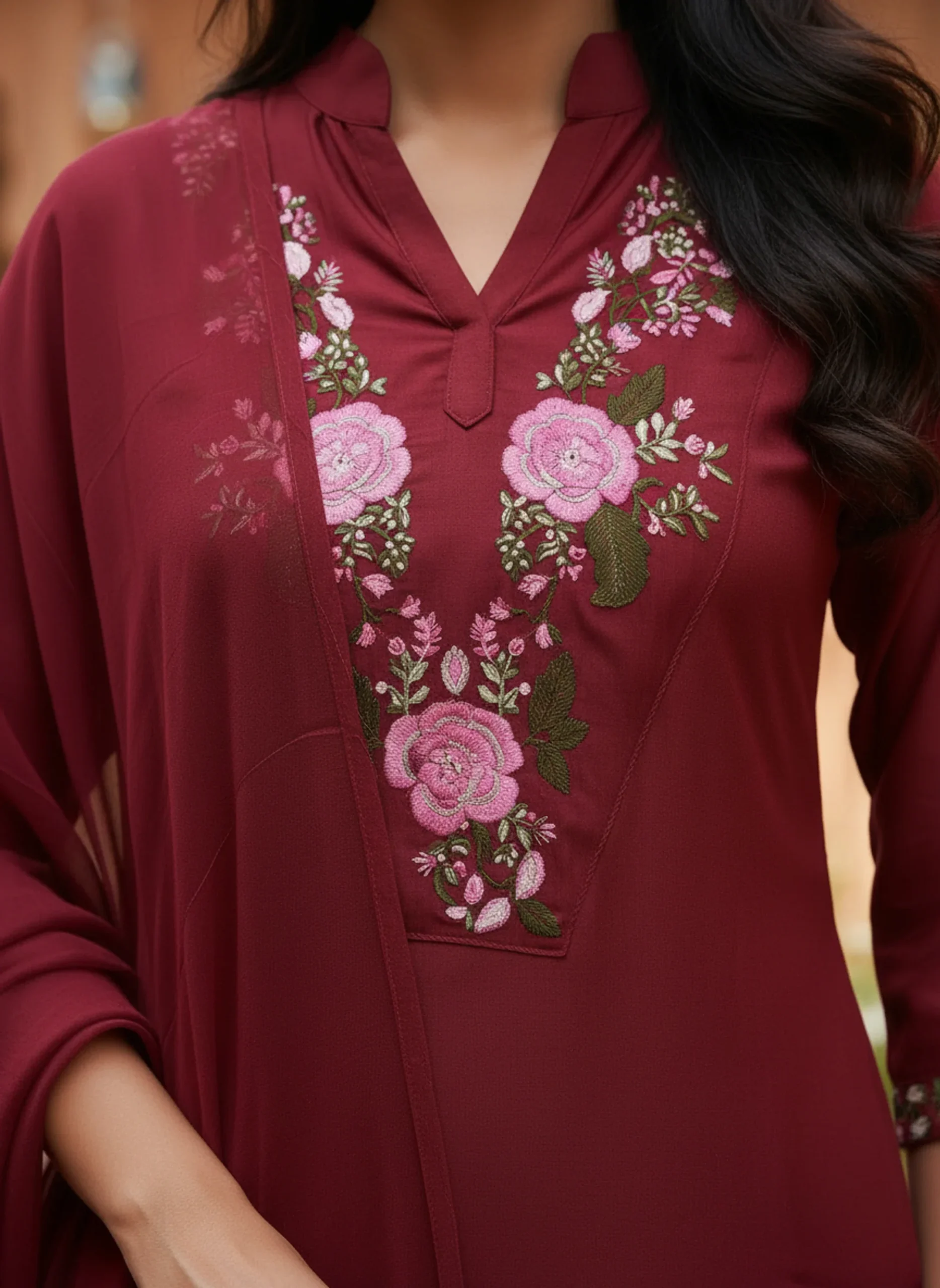 Maroon Floral Embroidered Kurta Pant Set with Dupatta for Women - Image 4