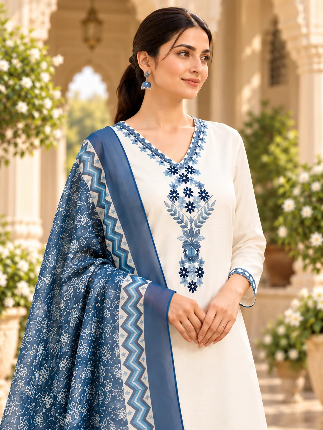 White Blue Floral Embroidered Kurta Pant Dupatta Set For Women - Image 4
