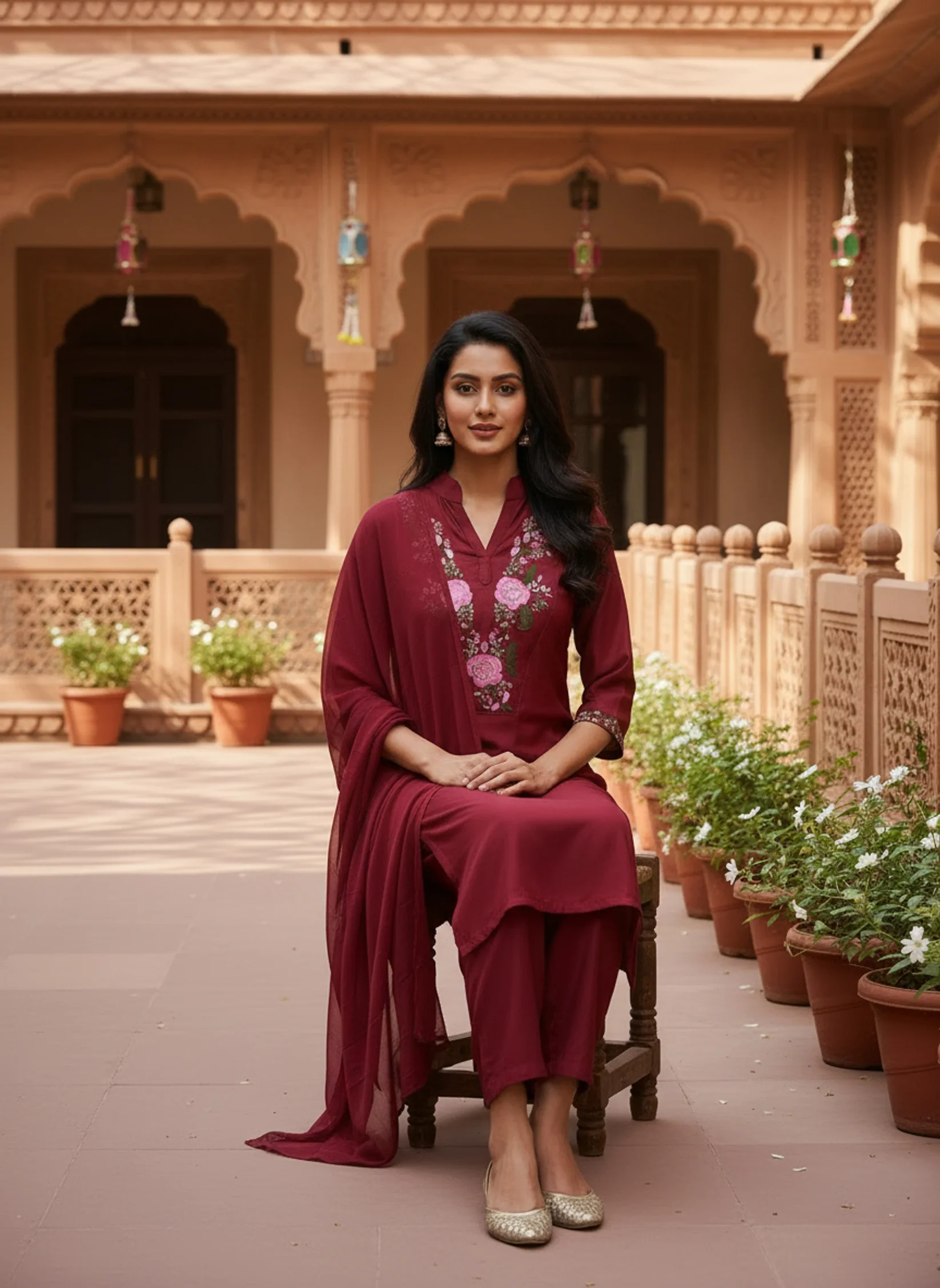Maroon Floral Embroidered Kurta Pant Set with Dupatta for Women - Image 5