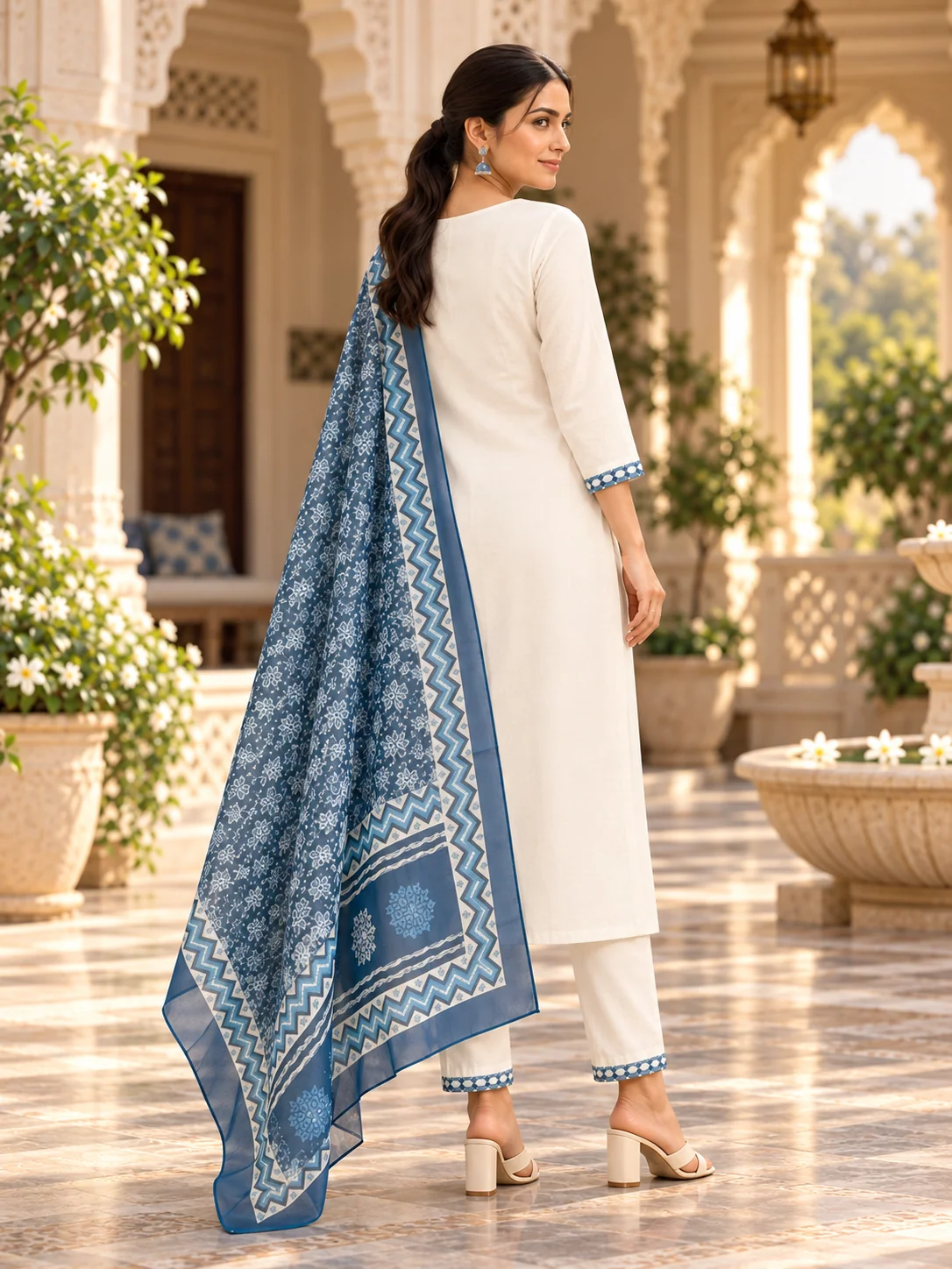 White Blue Floral Embroidered Kurta Pant Dupatta Set For Women - Image 5