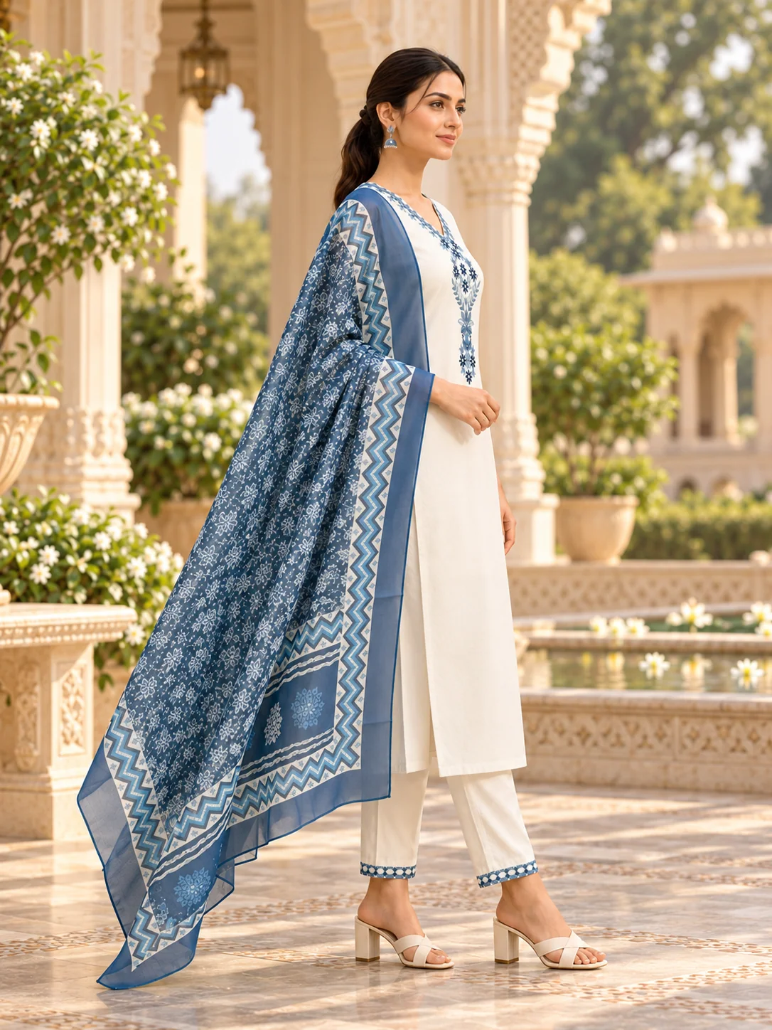 White Blue Floral Embroidered Kurta Pant Dupatta Set For Women - Image 6